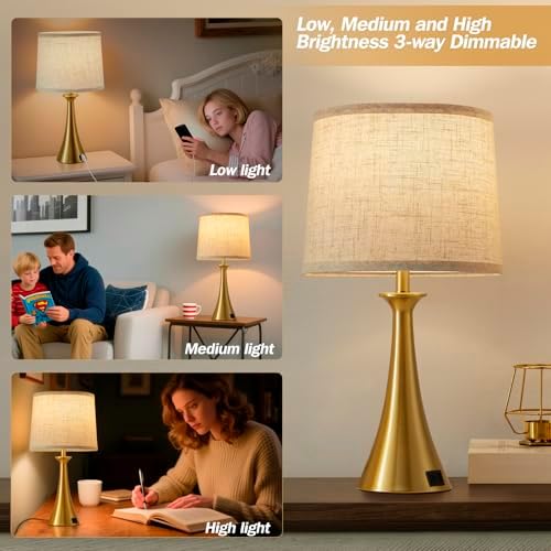 Touch Table Lamps Set of 2, 21" Bedside Lamps with USB C+A, Gold - Image 4