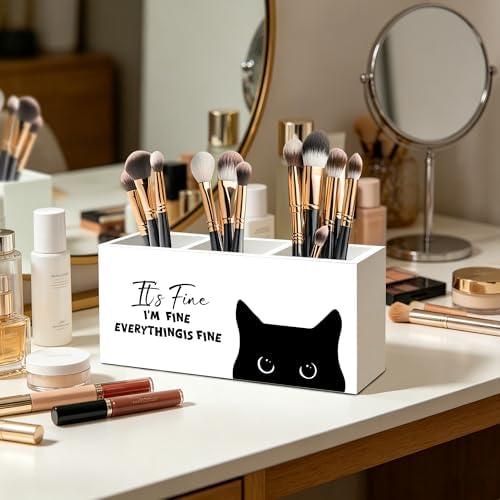 Funny Sarcastic Black Cat Pen Pencil Holder Organizer for Office Desk Accessories, Funny Office Gifts for Coworkers, It's Fine I'm Fine Everything Is Fine Wood Signs for Desk Tabletop Decor - Image 3