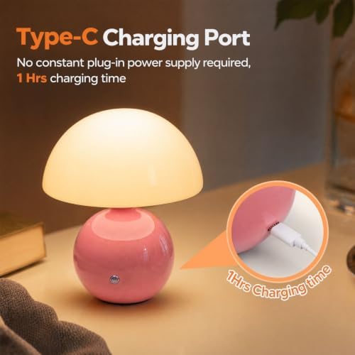 Senzoy Glass/Ceramic Mushroom Table Lamp, Pink Bedside Night Lamp - Image 5