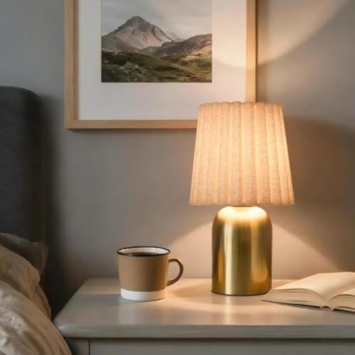12.2 Inch Mini Table Lamp with Scalloped Wave Linen Shade, Modern Gold Metal Base Cute Nightstand Lamp, Decor Small Desk Light for Bedroom, Living Room, Bookshelf, Kitchen Counter, Kids Room, Office - Image 4