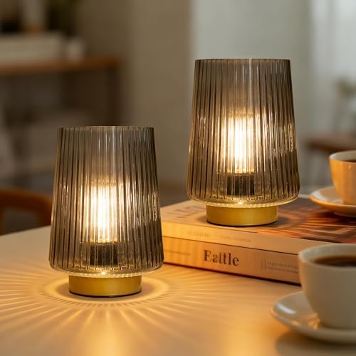 LUSHARBOR Battery Powered Lamp with Timer, Cordless Small Table Lamps Battery Operated with LED Bulb, Decorative Bedside Lamp for Living Room Grey 2Pack by LUSHARBOR