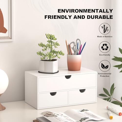 Bamboo Desk Organizer with Drawers Desktop Storage Drawers for Bills Office Supplies Kitchen Utensils Organizing Tool for Home Classroom Organization No Assembly (White) - Image 4