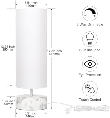 Touch Table Lamp with Marble Grain Metal Base, 3 Way Dimmable Bedside Lamp - Image 2
