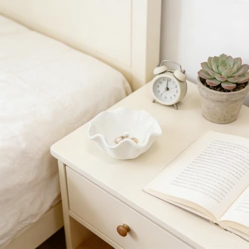White Flower Jewelry Dish Tray, 3.85″ Lotus Ceramic Ring Holder, Cute Vanity Organizer Nightstand Bathroom Decor, Trinket Plate Dish Christmas Valentine's Mother's Day Birthday Gifts for Women (Plain) - Image 5