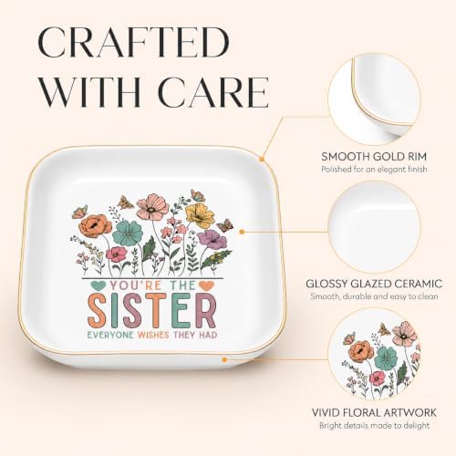 Sister Birthday Gifts for Women Christmas, Ceramic Wildflowers Jewelry Dish - Image 3