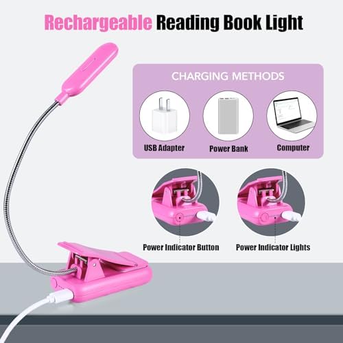 VAVOFO Rechargeable Book Light for Reading in Bed Kids, 7 LED Reading Light with 9-Level Warm Cool White Daylight, Eye Care Lamp with Power Indicator for Bookworms (Rose) - Image 4