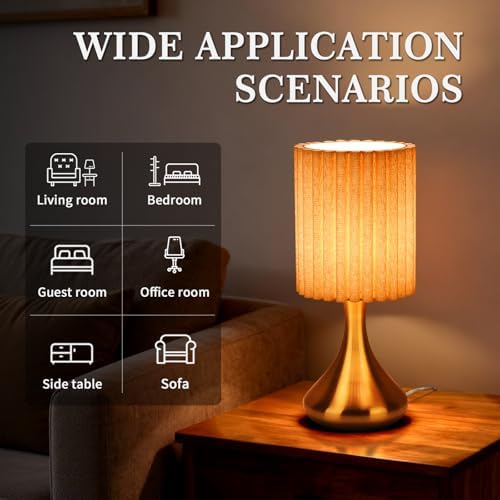 Ziqqeelam Gold Small Table Lamp with Scalloped Linen Shade, Mini Brass Gold Table Lamp for Bedroom Nightstand, Cute Desk Night Light for Living Room, Bookshelf, Kitchen Counter, Kids Room, Office - Image 3