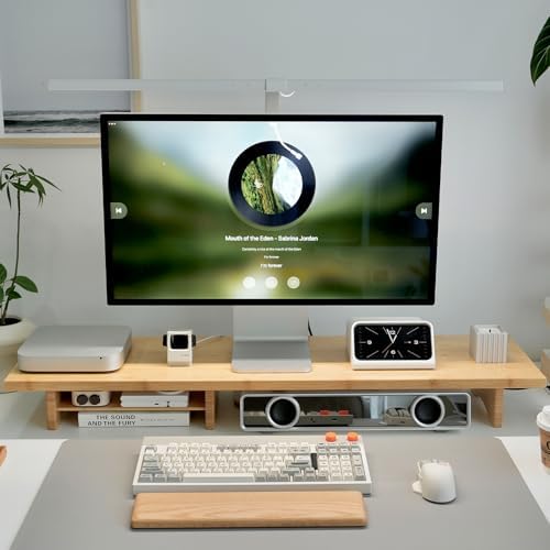 Bamboo Dual Monitor Stand Riser, 2-Tier Desk Shelf with Storage by Rocdeer