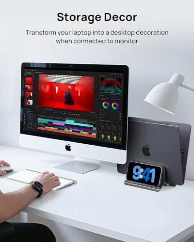 SODI Vertical Laptop Stand for Desk, Aluminum Laptop Holder Compatible with MacBook Pro, MacBook Air Stand Up to 17 inch, Gravity Auto-Lock Cooling, 3in1 Space Saving Desk Organizer Accessories, Gray - Image 6