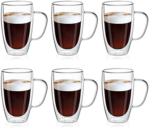 MEWAY 16oz/6 pack Coffee Mugs, Thickened Clear Glass Double Wall Cup with handle for Coffee, Tea, Latte, Cappuccino (16 oz，6) by MEWAY