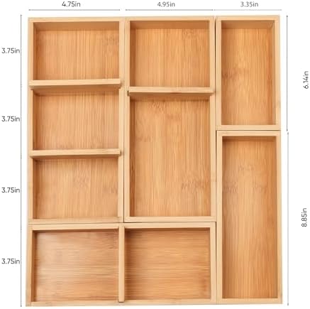 Bamboo Drawer Organizers Set with Removable Dividers, 5PCS Adjustable Multi-Use Wood Storage Organizers(5-9 Grids), Desk Drawer Tray for Bathroom, Office, Dresser, Storage Box for Jewelry, Makeup - Image 7
