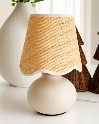 11" Small Mini Boho Table Lamp – Handmade Ceramic Cream Base with Scallop Woven Rattan Shade, Dimmable Plug-In Accent Light for Bedroom, Nightstand, Small Spaces, Kitchen Counter, Bookshelf - Image 2
