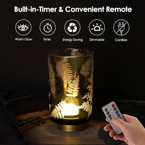 Eywamage Large Battery Operated Glass Table Lamp, Boho Green Ferns Leaves Mood Light with Remote, Cordless Bedside Accent Lamp Room Decor - Image 6