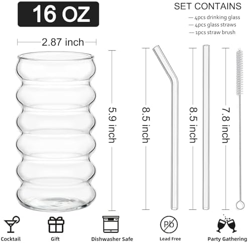 ALINK Ribbed Drinking Glass Cups with Straws Set of 4, 16 oz Aesthetic Iced Coffee Glasses, Wave Bubble Tumbler, Ripple Glassware, Beer Glasses for Coctail, Milk, Soda, Gift with Brush - Image 3