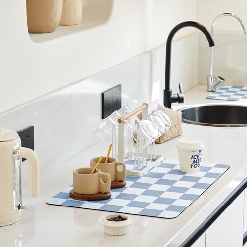 Checkered Dish Drying Mat for Kitchen Counter, Coffee Bar Station Accessories, Retro Cute Aesthetic Absorbent Coffee Mat Kitchen Drying Mat Easy Clean, Blue 12" x 19" by Ohocut