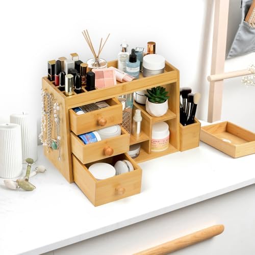 Elsjoy Large Countertop Bamboo Makeup Organizer with 3 Drawers, 12-Grid Lipstick Holder, Jewelry Hanging Hooks, Makeup Brush Holder, Desktop Wood Cosmetic Organizer Stand for Vanity - Image 7