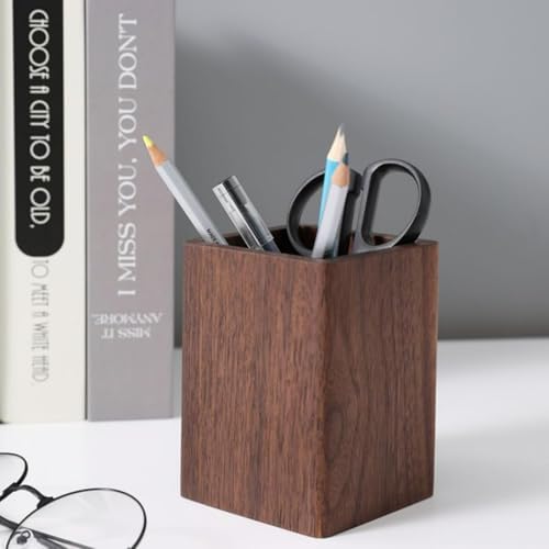 Wooden Pen Holder for Desk, Multi-Functional Pen Cup Pencil Holder for Office School Supplies Storage, Black Walnut Desk Organizer and Accessories（Square） - Image 5