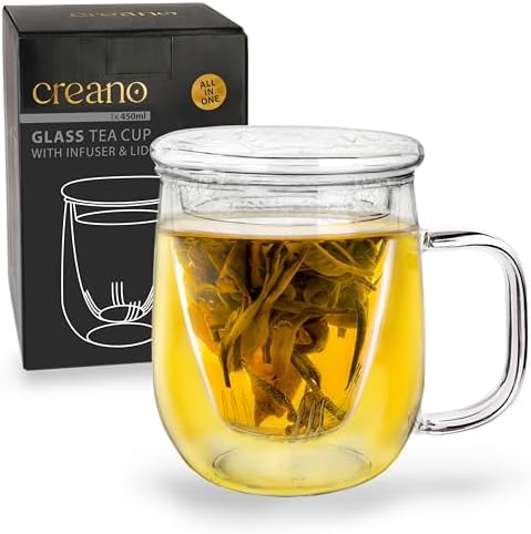 Creano Tea Glass 450 ml – Large Tea Cup with Strainer and Glass Lid – An ideal Tea Maker by Creano