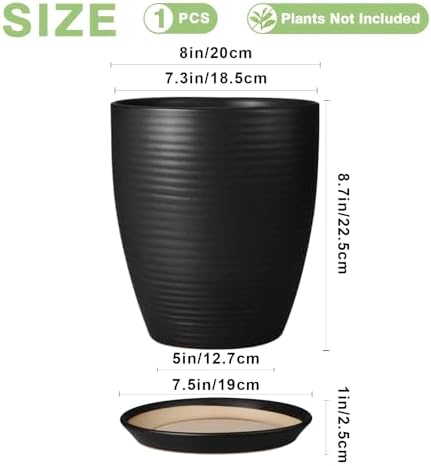 Ceramic Plant Pot - 8 Inch Ceramic Planter for Indoor Plants Glazed Round Flower Pot with Drainage Hole and Saucer Black - Image 3