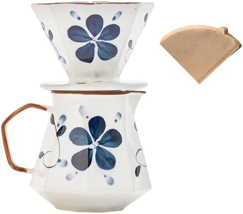Pour Over Coffee Maker,Ceramic Coffee Maker With 40 pcs Paper Filter，20oz/600ml Pour Over Coffee Dripper (Blue and white) by HYAXGM