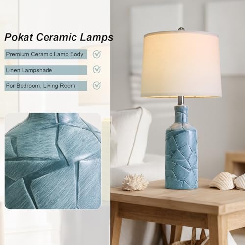 PoKat 26'' Farmhouse Ceramic Table Lamps Set of 2, Blue Bedside Lamps for Living Room, Nightstand Lamps for Bedroom Night Stands, Bedroom Lamps for Side Table End Table Hallway, Blue - Image 2