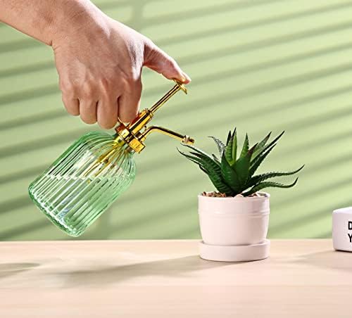 Glass Plant Mister Spray Bottle, 7.5" Green Glass Water Spray Bottle with Gold Top Pump Small Watering Can, Small Plant Sprayer Mister for Indoor Outdoor House,(Green+Gold E) - Image 4