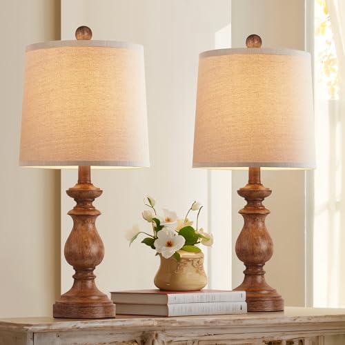PARTPHONER Traditional Table Lamp Set of 2, Rustic Farmhouse Table Lamps for Living Room Bedroom, 22" Bedside Desk Lamps Vintage Nightstand Lamps with Linen Shades, Wood Grain by PARTPHONER