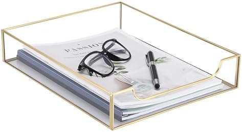 BTSKY 1 Pack Golden Glass Desk Tray, Multi-Purpose Organizer for A4 Paper, Documents, Desk Supplies, Makeup, Clear File Tray with Metal Frame, Stackable Decorative Storage for Home Office Vanity by BTSKY