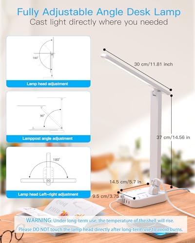 One Beat Small LED Desk Lamp Power Strip 5ft Extension Cord with 3 Outlets 4 USB Ports(2 USB C), 4 Modes, 5 Level Touch Lamp Study Reading Light, Home Office Bedroom College Dorm Room Essentials,White - Image 6