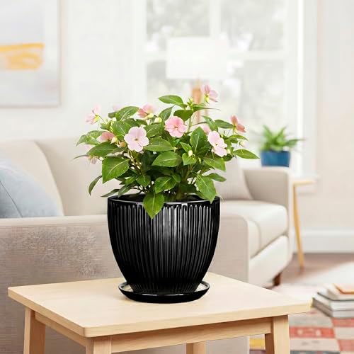 8 Inch Plant Pot, Ceramic Planter with Drainage Hole and Saucer, Modern Planters for Indoor Plants, Indoor Planter, Decorative Round Flower Pot, Apartment Decor, Plant Lover Gifts, Black - Image 6
