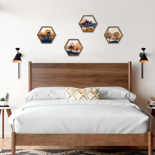 HPNIUB 4 Pcs Boho Mountains Scenery Wall Art Decor, Farmhouse Abstract Sunrise Trees Desert Cactus Hanging Wood Sign for Living Room, Aesthetic Bohemian Botanical Wooden Plaque for Apartment Bedroom(11''x9.8'') - Image 4