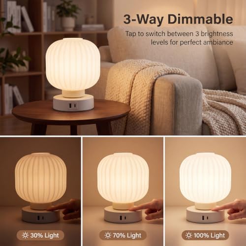 Elenhome Touch Bedside Glass Table Lamp Set of 2 with 3 Way Dimmable Light, Small Table Lamps with USB C+A Charging Ports - Bedroom Nightstand & Living Room Essential, Bulb Included - Image 2