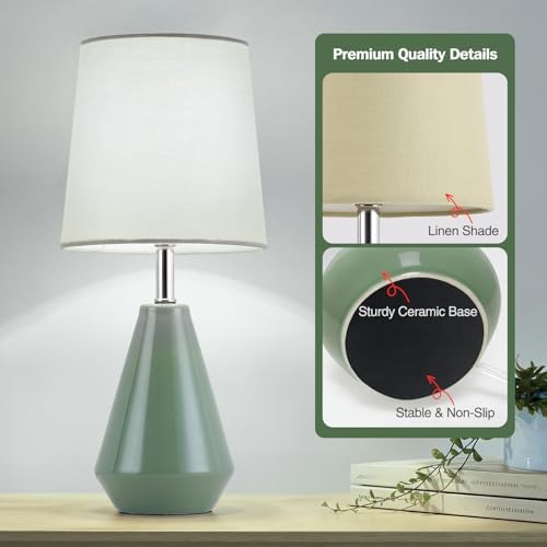 Small Bedside Table Lamp for Bedroom - Reading Desk Lamp with 3 Color Temperatures，15.5" Nightstand Ceramic Lamp with Fabric Shade for Kids Room,Living Room,Dorm,Home Office (Green) - Image 5