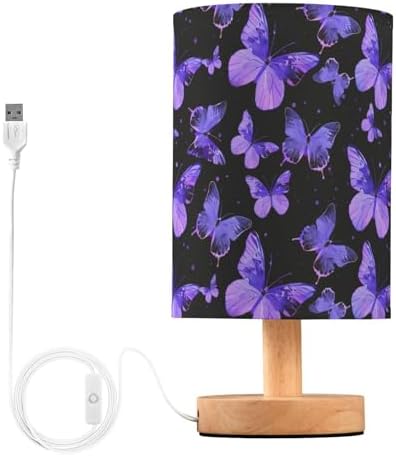 Mysterious Purple Butterflies Silhouette Bedside Table Lamps with USB Port for Bedroom Lamp Accent Table Lamp Small Nightstand Lamp Sturdy Linen Shade Wooden Base Decorative Lamps for Home|Kids|Dome by Fustylead