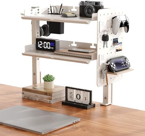 Metal Clamp On Desk Shelf,Storage Shelves with Pegboard and Pencil Holder by CABTE