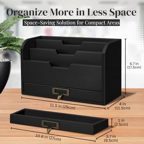 Flexzion Wood Desk Organizer, 3-Tier Mail Organizer w/Drawer, Light Brown - Image 6