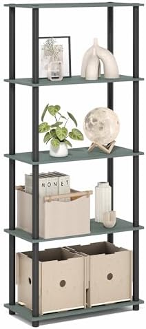 Furinno Turn-N-Tube Storage Shelves, 5-Tier Book Shelf, Corner Shelf, Toolless Open Shelves, for Organization and Storage, Living Room, Garage, Home Office, Sage Green by Furinno-FitsYourSpaceFitsYourBudget