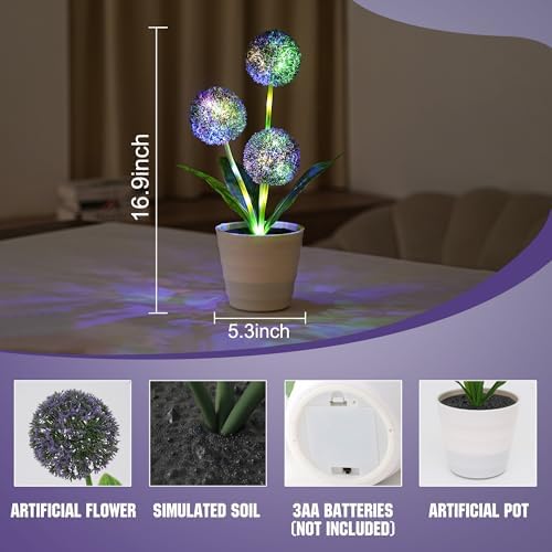 Artificial Purple Allium Flower Lamp, Color Changing LED Light with White Pot, Battery Powered for Bedroom Wedding Christmas, Gifts for Women Mom Grandma Girlfriend on Birthday Christmas Valentines - Image 2