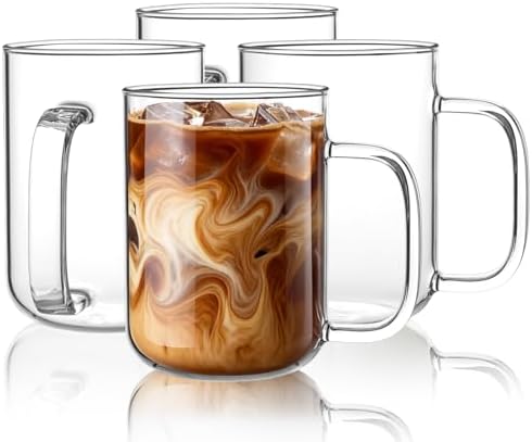 Glass Coffee Mugs, 20 oz Ice Coffee Cups Set of 4, Large Clear Tea Cups, Glass Mugs with Handles for Hot Beverages, Glass Cups for Latte, Cappuccino, and Tea by BWODYAY
