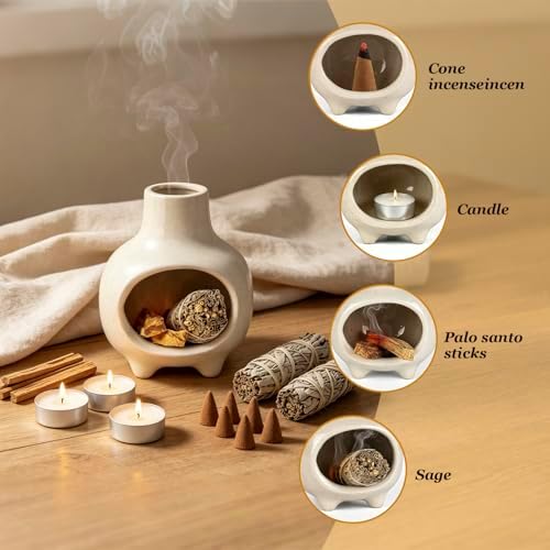 Ceramic Palo Santo Holder, Smudge Bowl Burner with Feet and Chimney Handcrafted, Ash Catcher for Sage, Incense Cones & Candles, Palo Santo Sticks, for Home, Meditation & Spiritual Ceremony (Beige) - Image 2