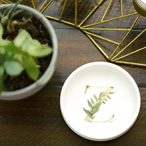 Trinket Tray Ring Dish with Personalized Z in Gold Foil and Greenery - White Ring Dish- Monogrammed Trinket Dish or Jewelry Bowl - Cedar & Ink (Z) - Image 2