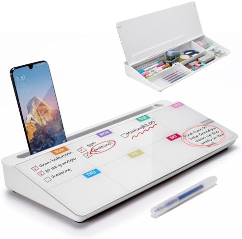 TSJ OFFICE Whiteboard Weekly Dry-Erase-Board - Desktop White Board Calendar Desk Organizers with Accessories Computer Keyboard Stand with Drawer, for Office, Home, School Supplies - White Calendar by TSJOFFICE-WipeCleanThinkGreenWorkSmart