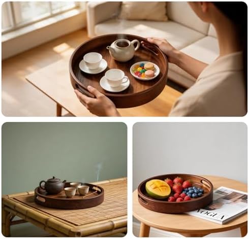 11.81-Inch Round Wooden Trays for Decor with Handle, Storage,Perfumes and Candles,Coffee, Parties, and Farmhouse-Style Home Decor Round Wood Tray - Image 6