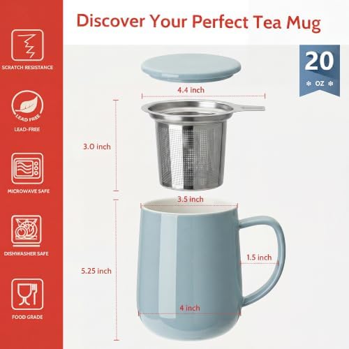 Sweese 20 OZ Porcelain Tea Mug with Infuser and Lid, Bluish Grey Tea Cup - Image 2
