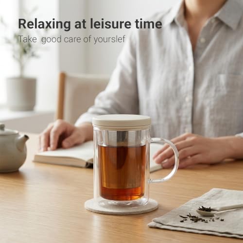 emoi 15 oz Glass Tea Cup with Infuser & Lid, Ideal for Loose Leaf Tea, Gray - Image 5