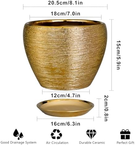 Ceramicfor Ceramic Plant Pot 8 Inch - Planter for Outdoor Plants Indoor Plant Pot with Drainage Hole and Saucer Decorative Round Planter Modern Flower Pot for House Decor Gold - Image 3