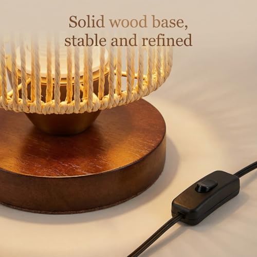Small Rattan Table Lamp for Bedroom, Boho Bedside Lamp with Warm LED Bulb, Handwoven Wicker Nightstand Lamp for Nursery, Entryway & Dorm, Mini Ambient Night Light with Wood Base (8.6" Tall) - Image 3