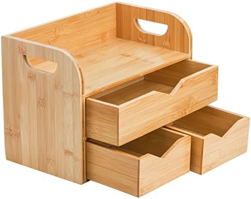 Hacaroa 3 Tier Bamboo Desktop Organizer with 3 Drawers, Tabletop Craft Box Cosmetic Storage Drawer with Handle, Portable Desk Letter Mail Sorter for Office Supply, Toiletries - Image 5