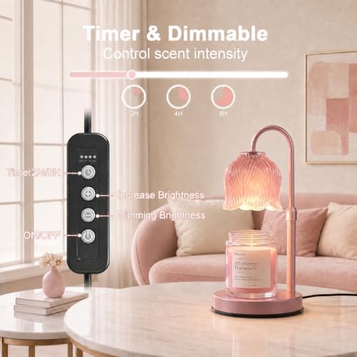 Candle Warmer Lamp with Timer, Pink Modern Candle Lamp for Home Decor, Electric Candle Warmer Lamp, Dimmable Wax Warmer for Jar Candles, Gift Box Included - Metallic Pink Clear Pink - Image 3