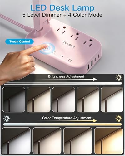 LED Desk Lamp, Power Strip with 4 USB 3 Outlets, Dorm Room Essentials, Pink - Image 3